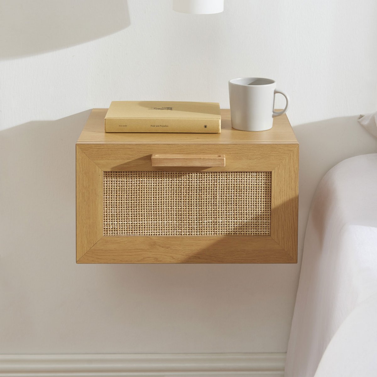Lot de 2 tables de chevet murales avec rangement en bois et cannage- JUNE bois clair, DRAWER