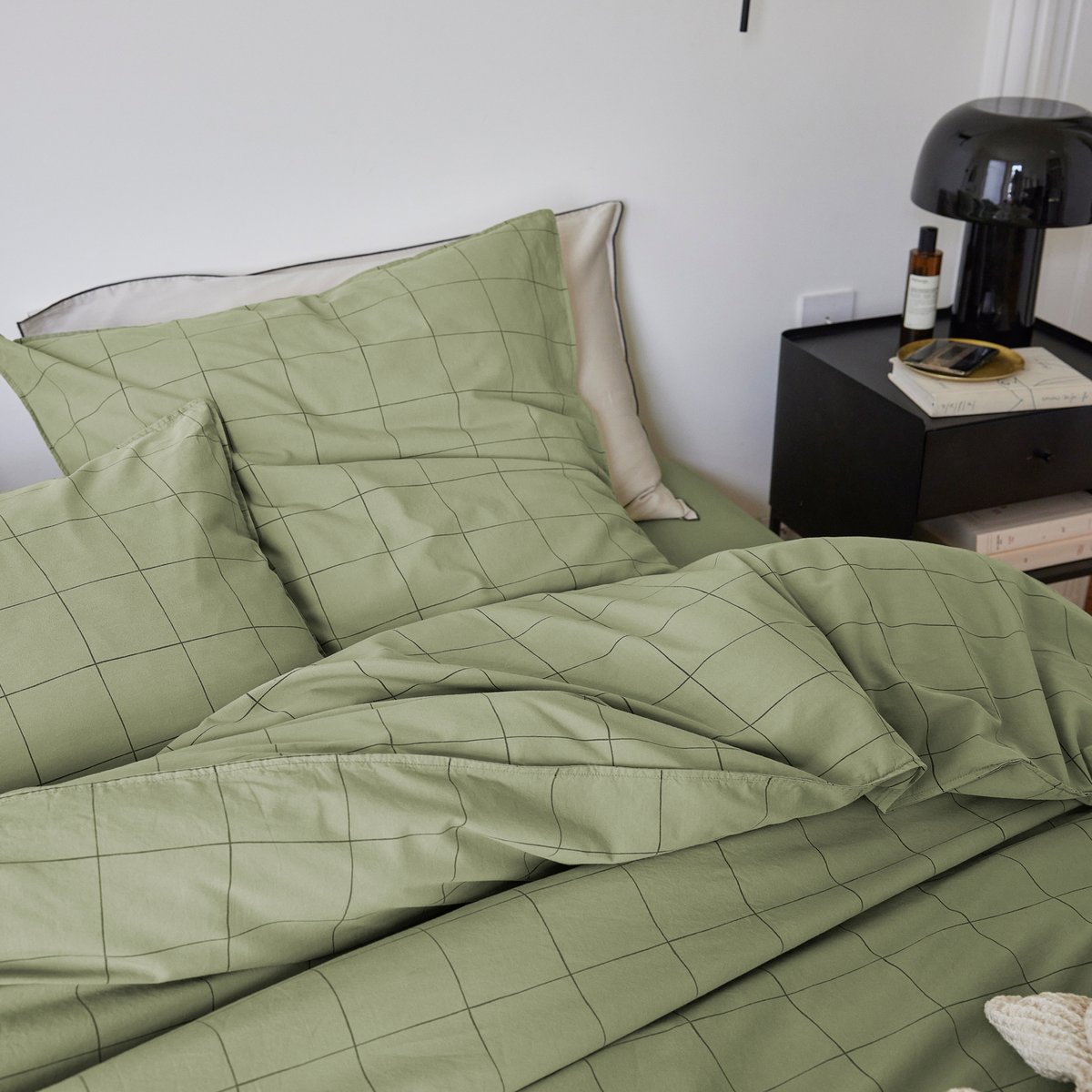 Taie d'oreiller en percale de coton lavé, IMPRESSION GRAPHIQUE sauge, BLANC CERISE