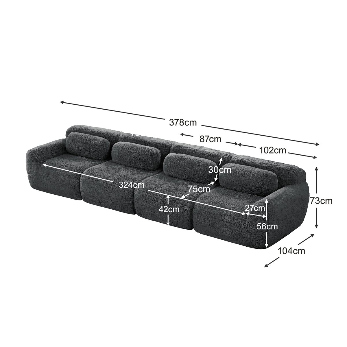 Canapé droit 4 places design moderne, WIND gris charbon, MEUBLES COSY