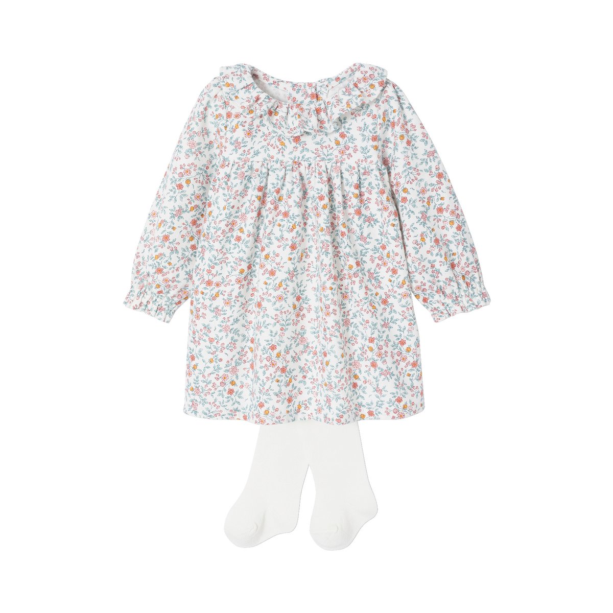 Ensemble naissance robe imprimée à fleurs + collants écru, VERTBAUDET