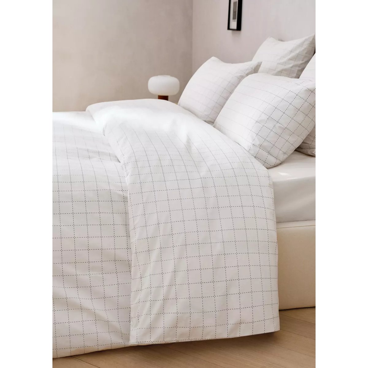 Housse de couette percale de coton à carreaux surpiqués lit 180/200 cm blanc cassé, MANGO HOME
