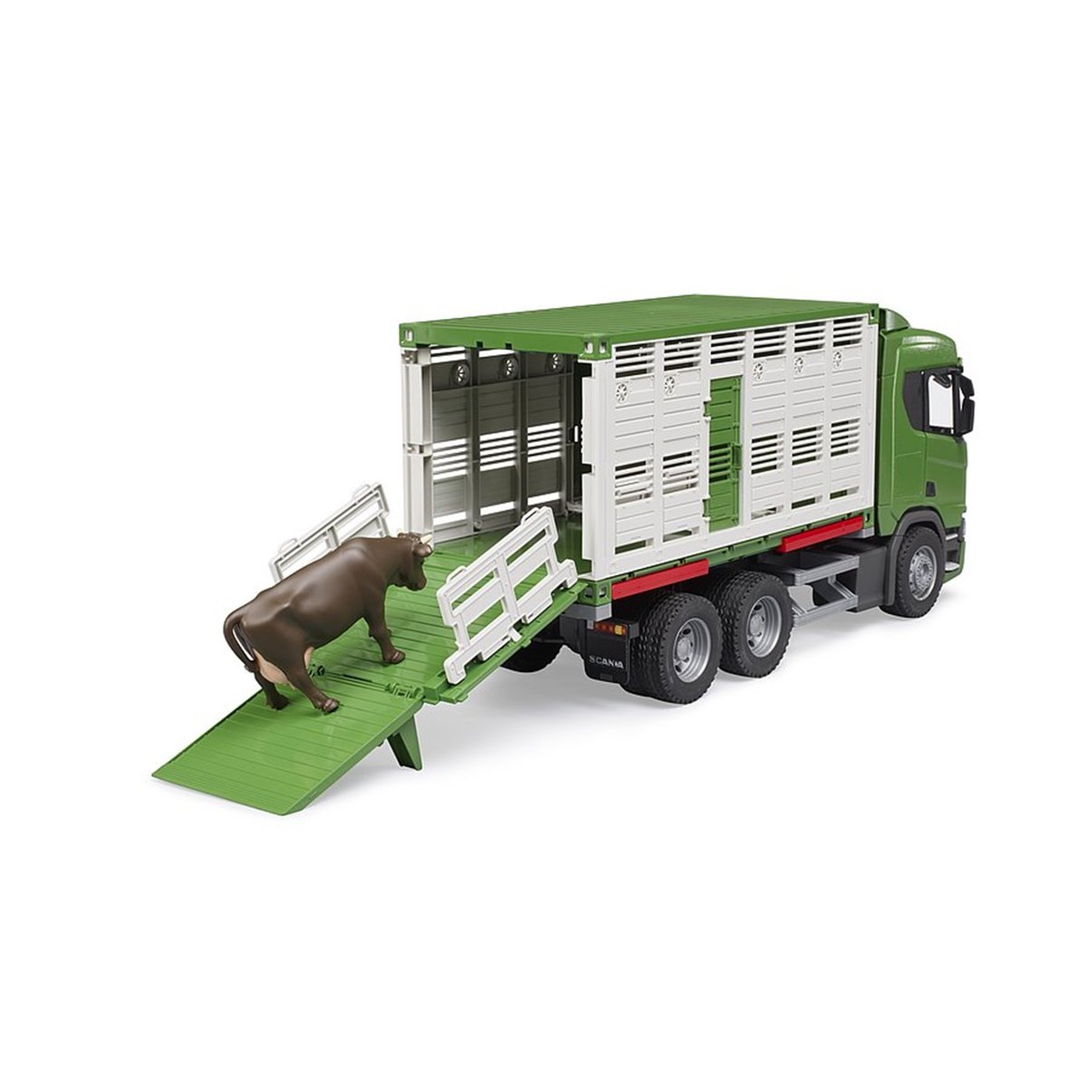 Camion de transport d'animaux Scania Super 560R avec 1 bœuf vert, BRUDER