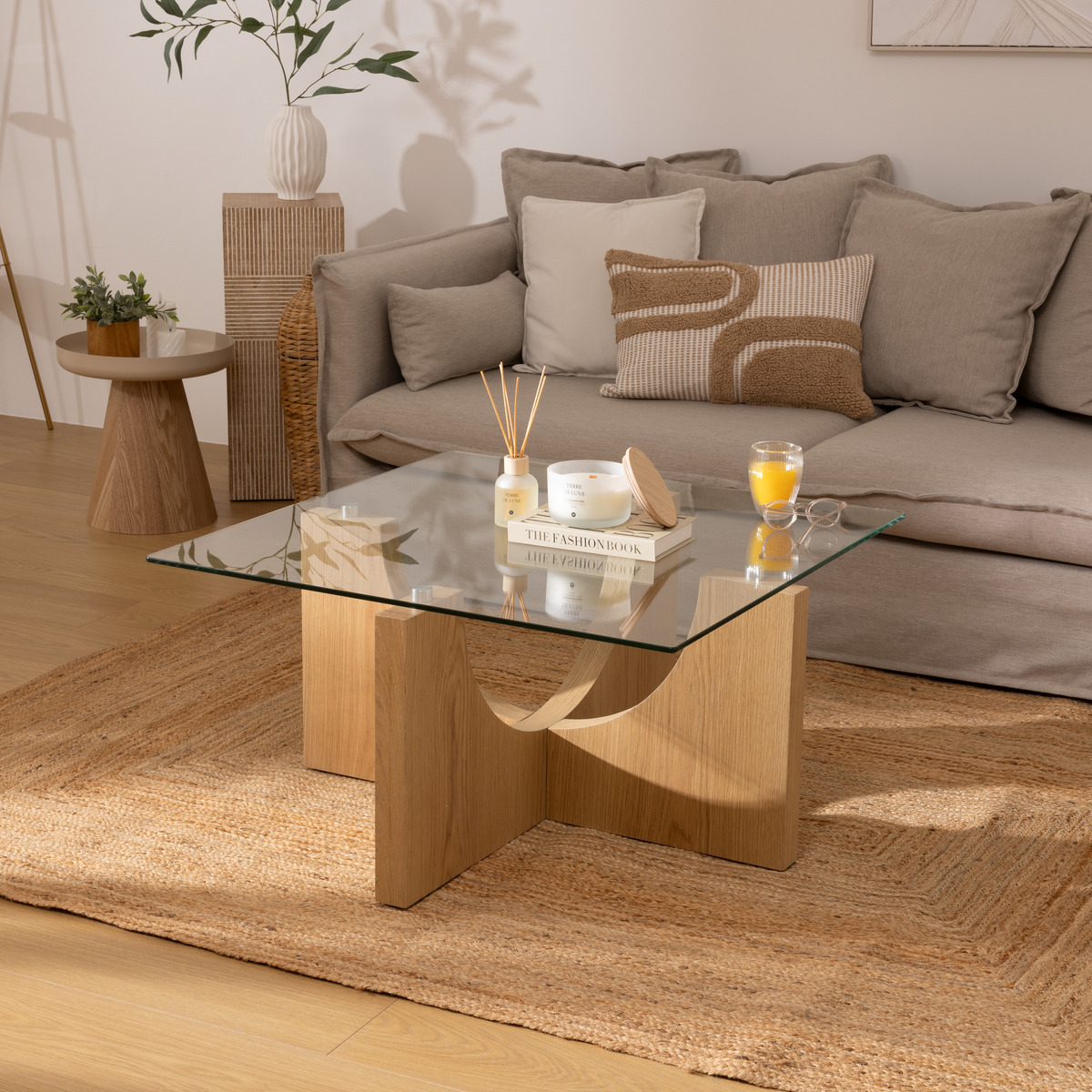 Table basse carrée en bois et verre ETINI miel, ATMOSPHERA