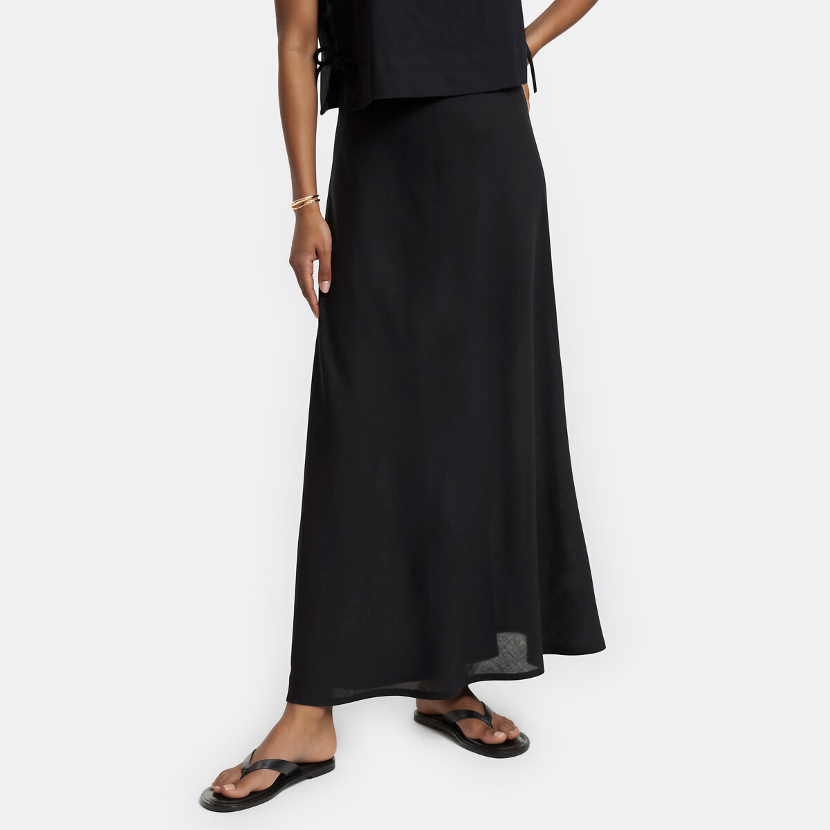 Jupe longue évasée en viscose et lin noir, LA REDOUTE COLLECTIONS