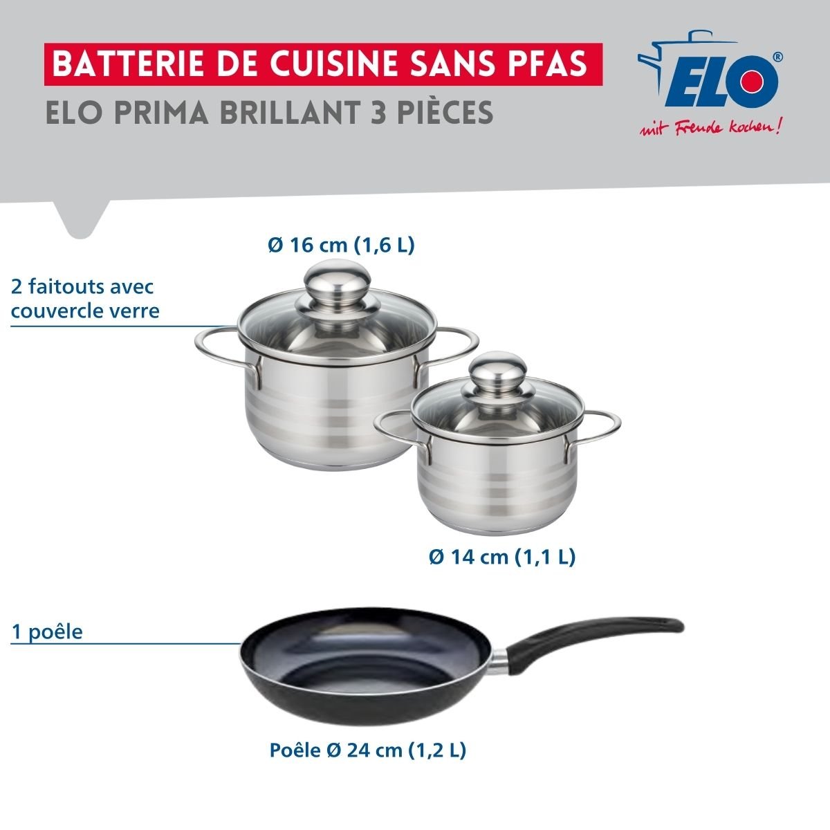 Batterie 1 poêle 24cm + 2 faitouts 14/16cm PRIMA BRILLANT noir, ELO