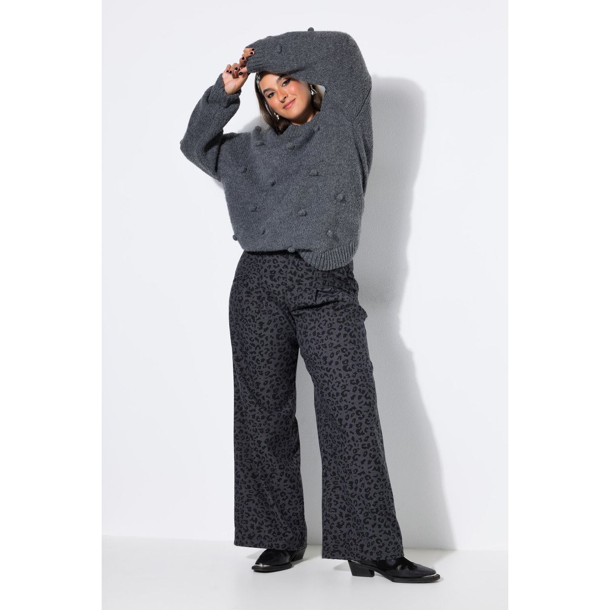 Pantalon léopard, coupe large, taille haute anthracite, STUDIO UNTOLD