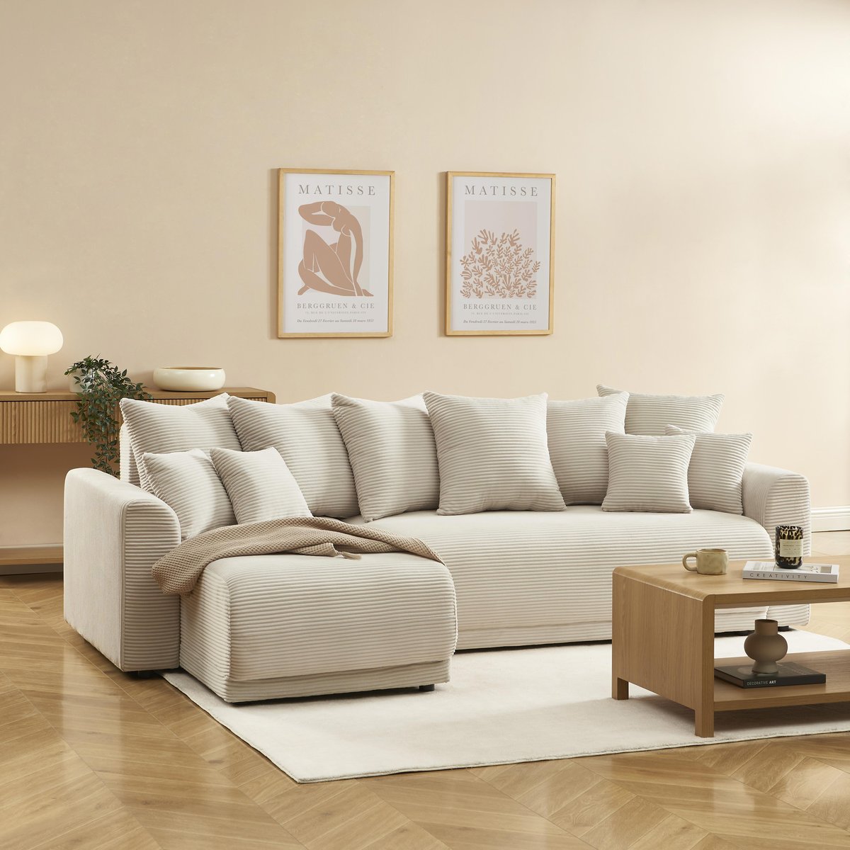 Canapé d'angle convertible velours SOLINE beige, BAÏTA