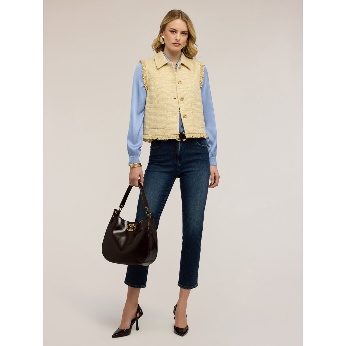 Gilet en bouclé à franges jaune, MOTIVI