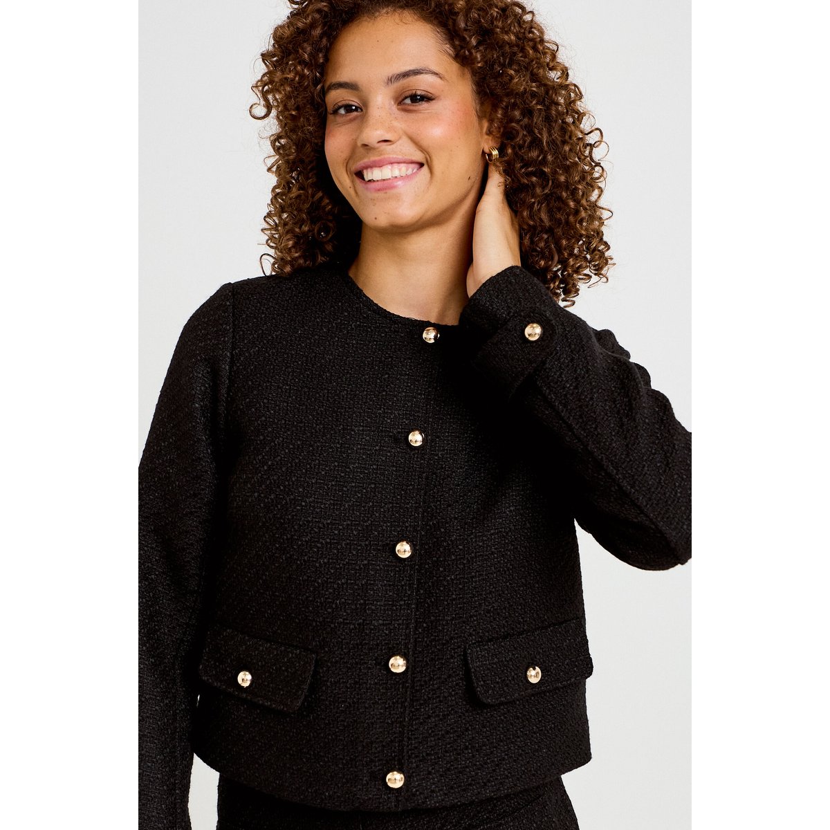 Veste tweed cintrée cropped col mao noir, CACHE CACHE