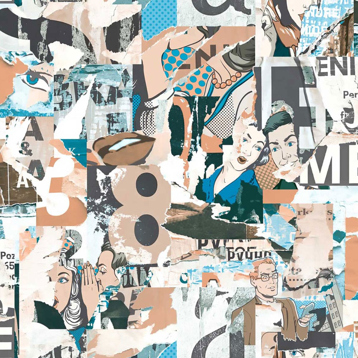 Papier peint graphique collage pop art gris, HEXOA
