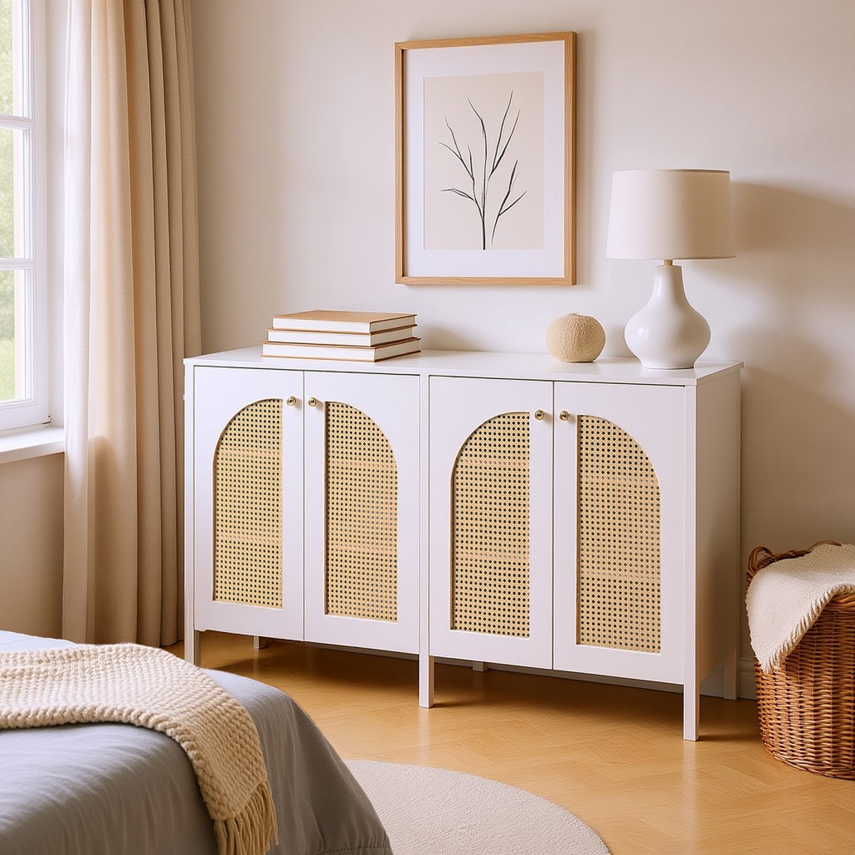 Armoire de rangement avec 4 portes et 6 couches et portes en rotin tressé, NOVAKB Armoire blanc, MEUBLES COSY