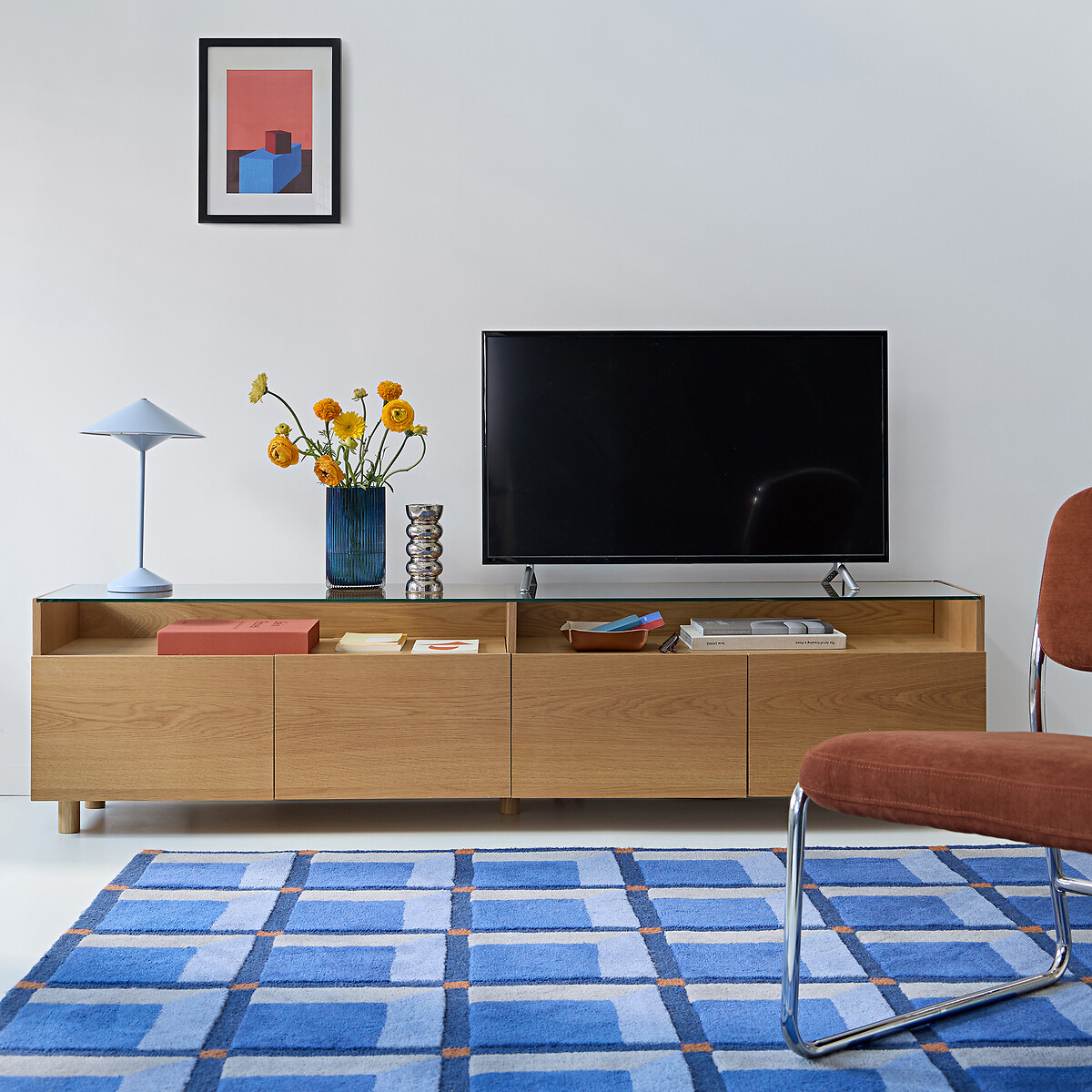 Meuble TV hifi XL, 4 portes, plateau verre, WALOR coloris chêne, LA REDOUTE INTERIEURS