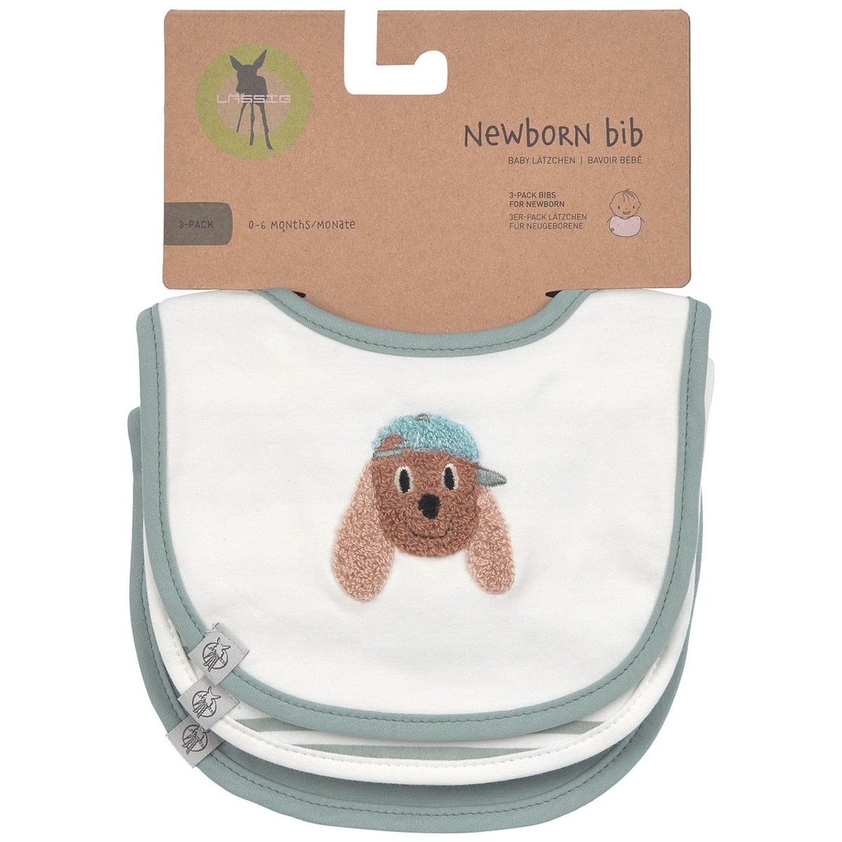 Lot de 3 bavoirs naissance vert, marron, blanc, LASSIG