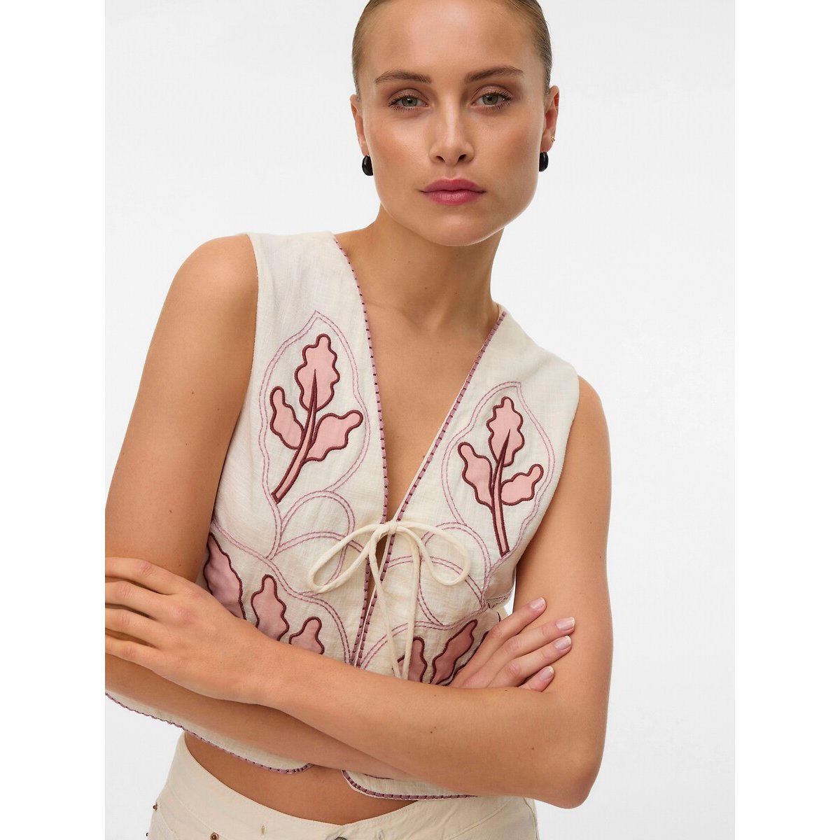 Embroidered Tie Front Waistcoat ecru , VERO MODA