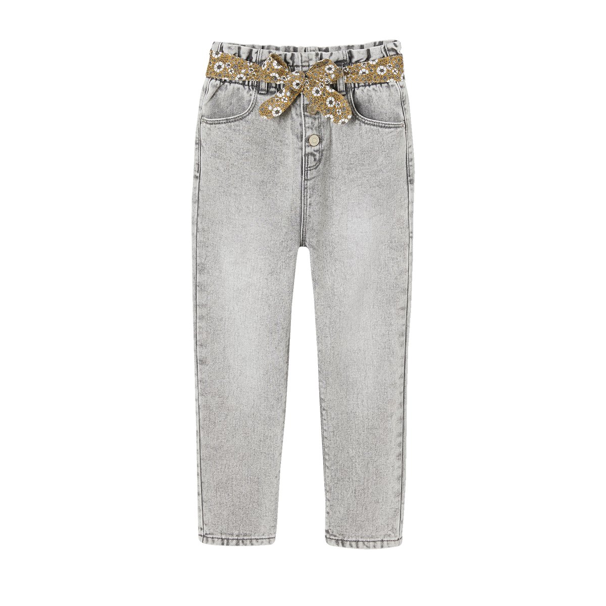 Jean style paperbag et sa ceinture fleurie denim gris, VERTBAUDET