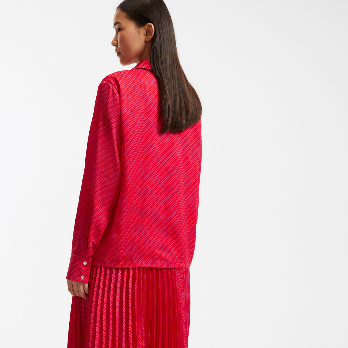 Striped Satin Shirt with Long Sleeves red striped/pink, LA REDOUTE COLLECTIONS