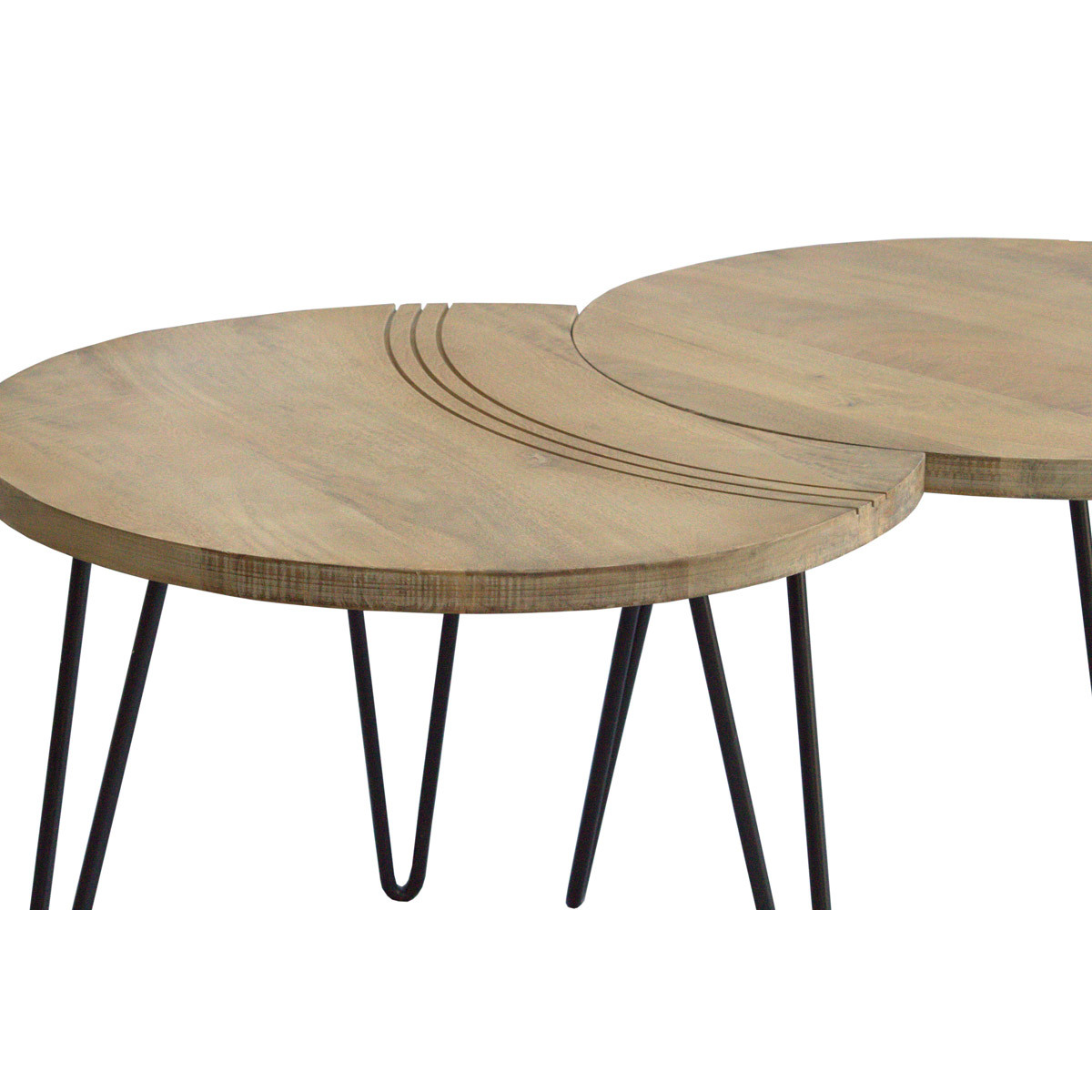 Tables basses gigognes gravées bois manguier massif et métal noir (lot de 3) VIBES naturel, MILIBOO