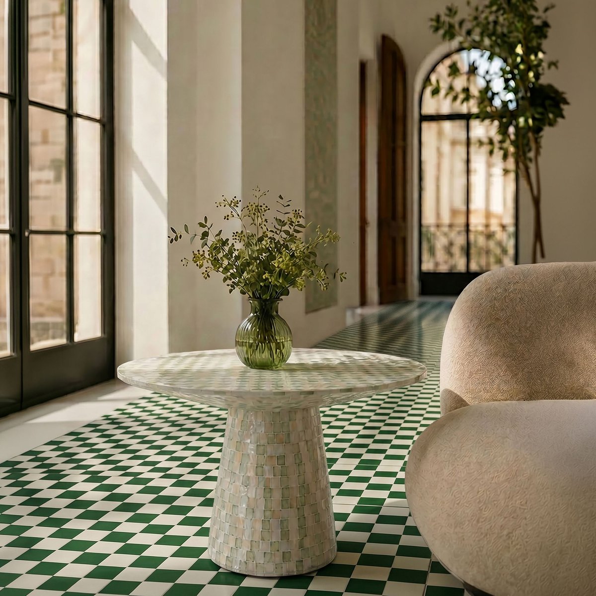 Table basse en coquille de Capiz, ZINA vert, NOW'S HOME