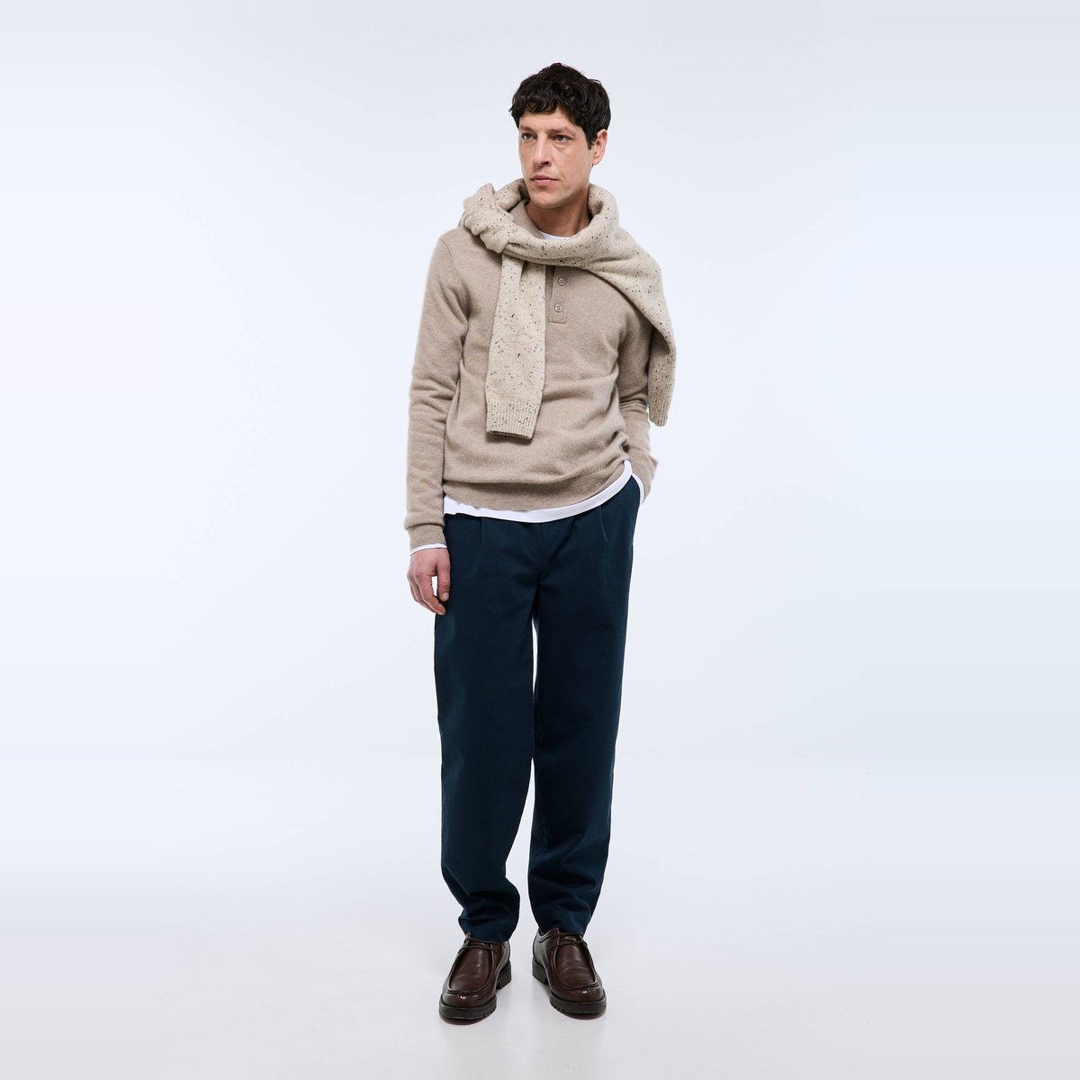 Pantalon à plis taille élastiquée marine, MONOPRIX