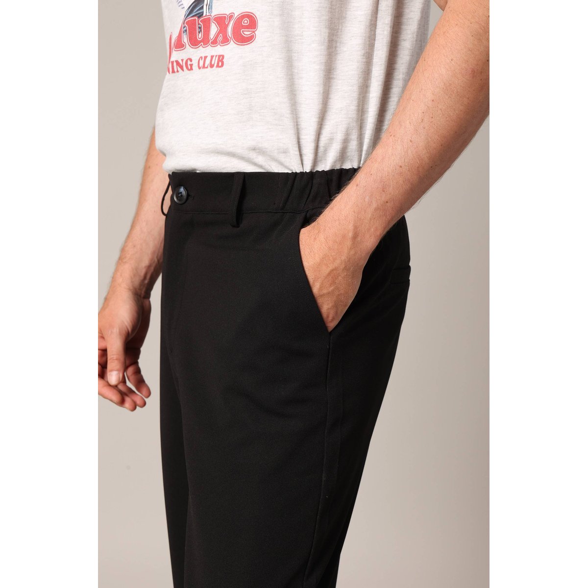 Pantalon droit en maille noire, taille élastiquée avec cordon de serrage THIAGO noir, DEELUXE