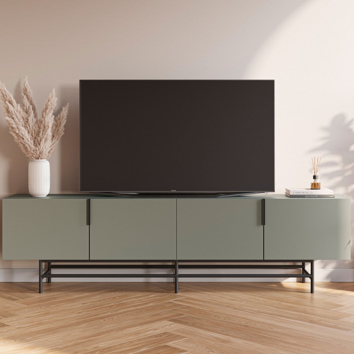 Meuble TV 4 portes en bois et métal L200cm- VINTARA vert amande, DRAWER