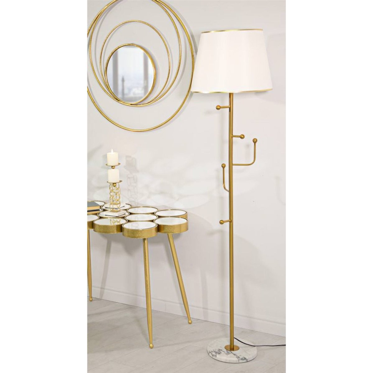 Lampadaire porte-manteau socle marbre GLAM doré et blanc, RECOLLECTION