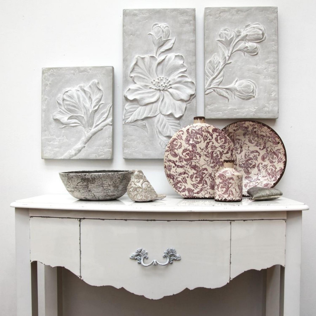 Triptyque en béton motif floral en relief - gris, INTERIOR'S