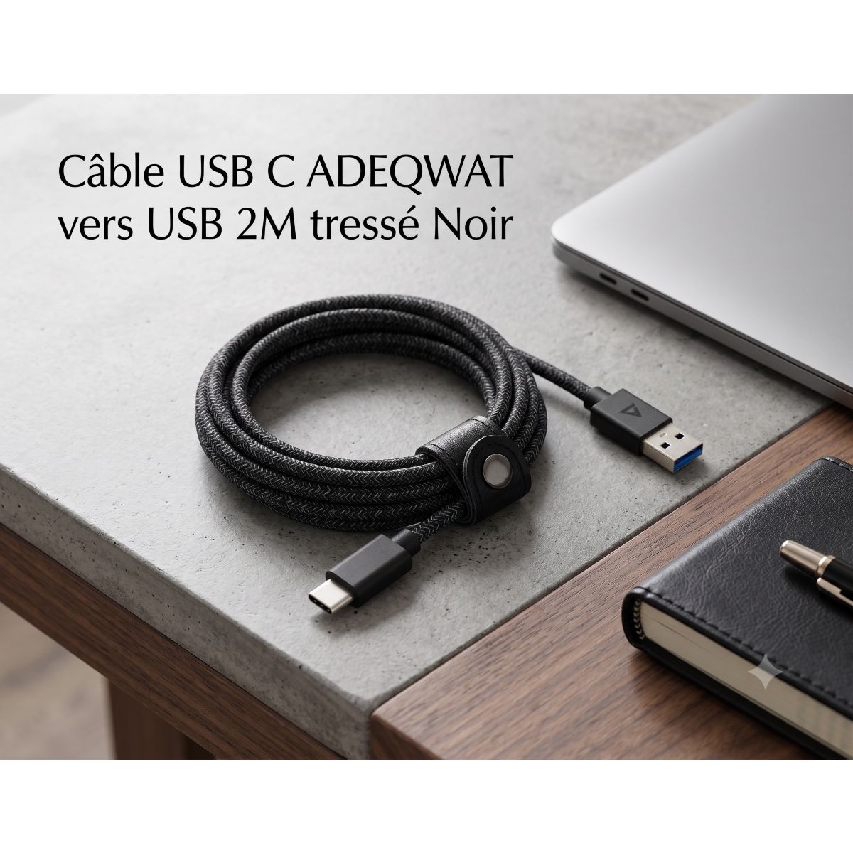 Câble USB C vers USB 2M tressé Noir compatible iPhone 17 16 15 Pro Max et Samsung Galaxy S25 S24 Ultra couleur unique, ADEQWAT