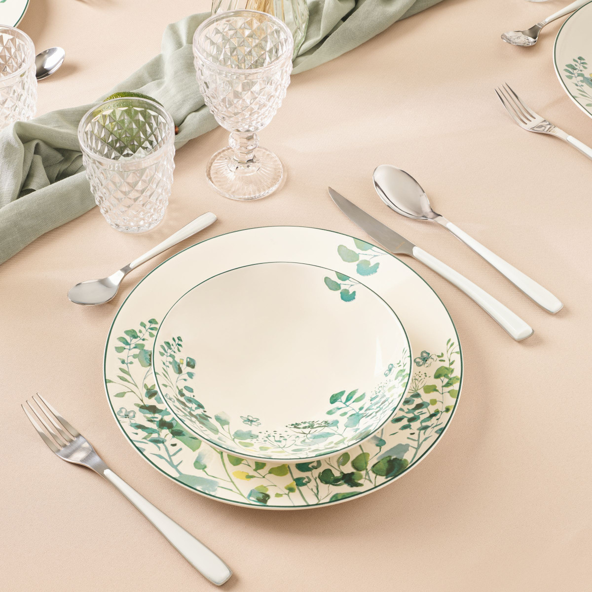 Coffret 6 assiettes dessert - OXALIS blanc/vert, MEDARD DE NOBLAT