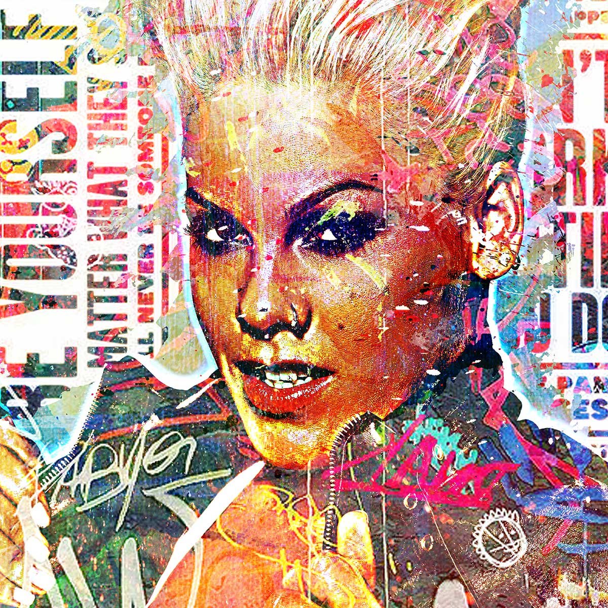 Affiche illustration graffiti pink affiche + cadre en bois - noir, HEXOA