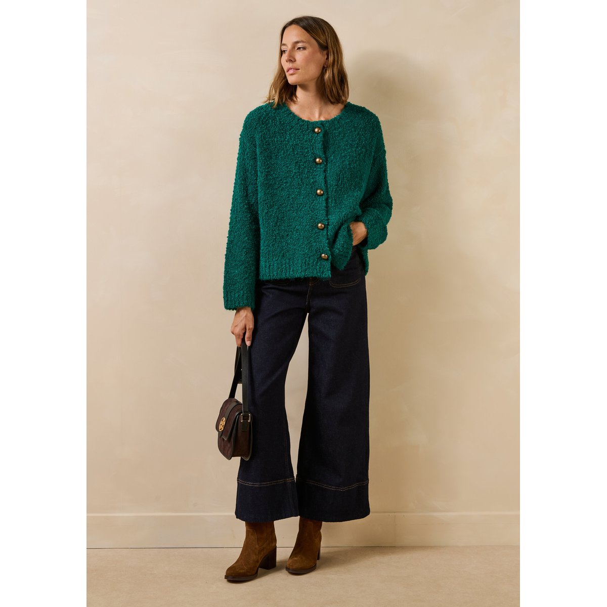 Gilet en maille bouclette col rond emeraude, LA FEE MARABOUTEE