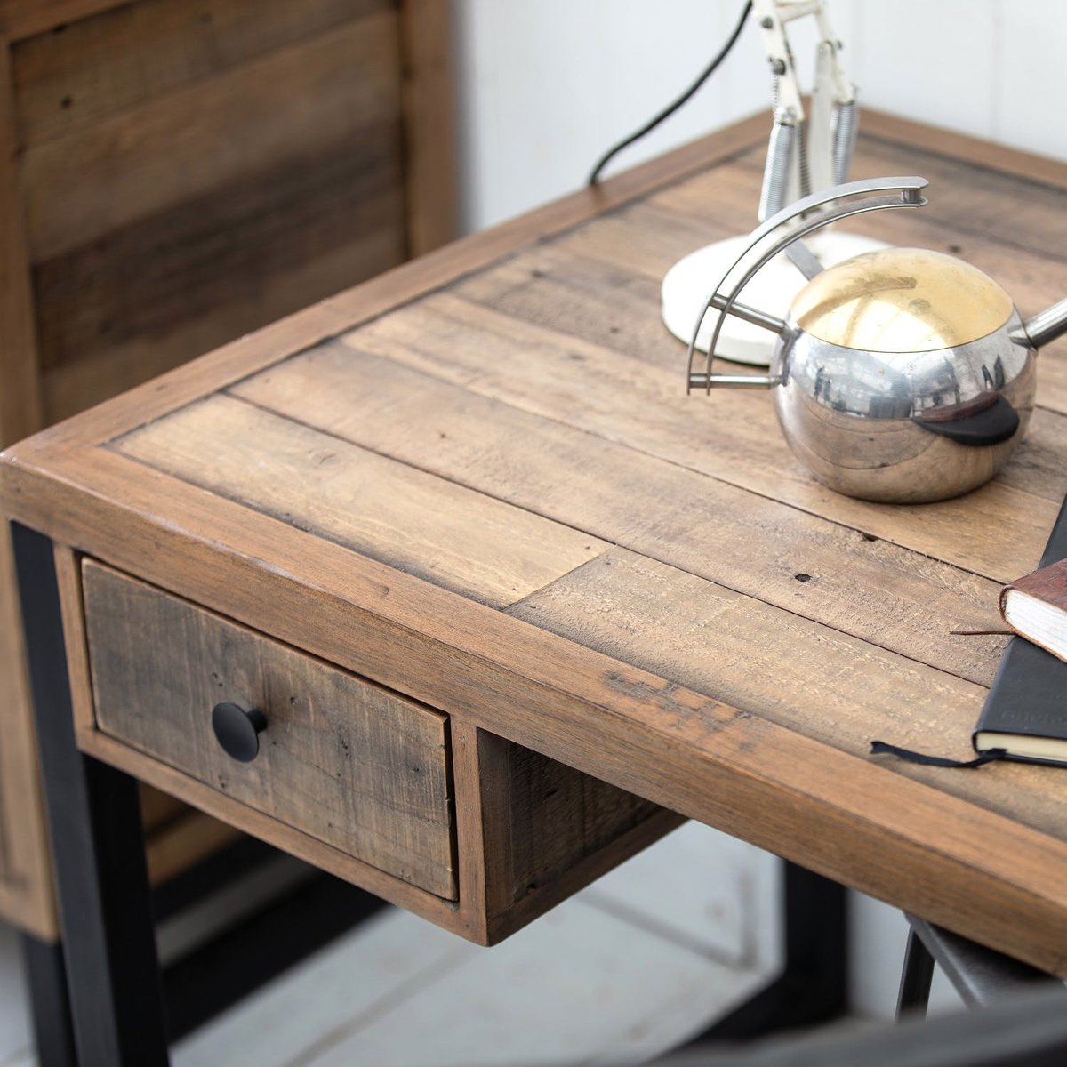 Bureau bois recyclé métal 2 tiroirs BRISBANE bois naturel, PIER IMPORT