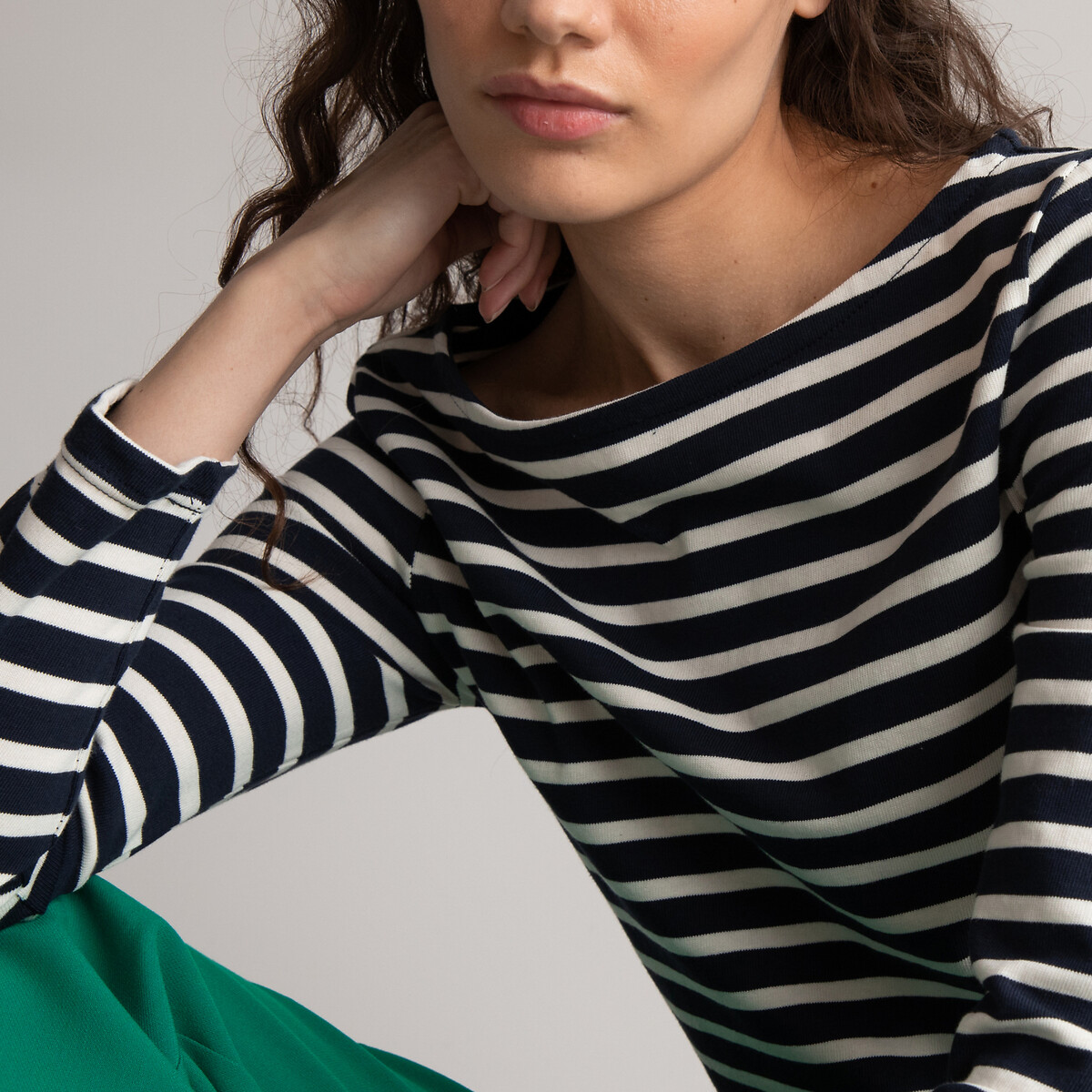 Striped Boat Neck T-Shirt with Long Sleeves navy with ecru stripes, LA REDOUTE COLLECTIONS