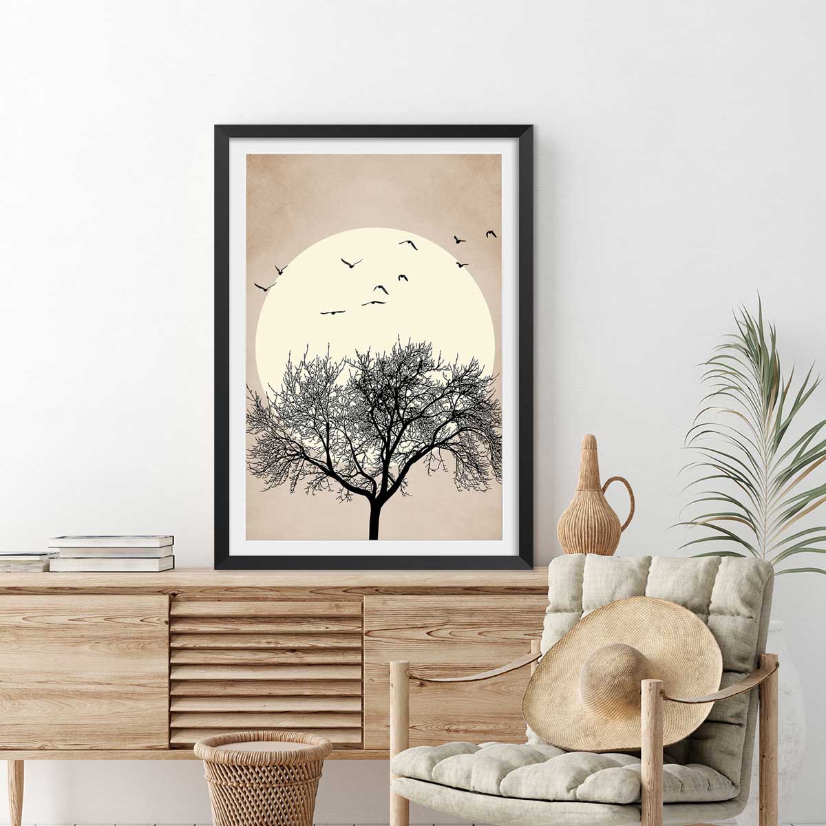 Affiche dessin ""Arbre scintillant"" affiche + cadre en bois - noir, HEXOA
