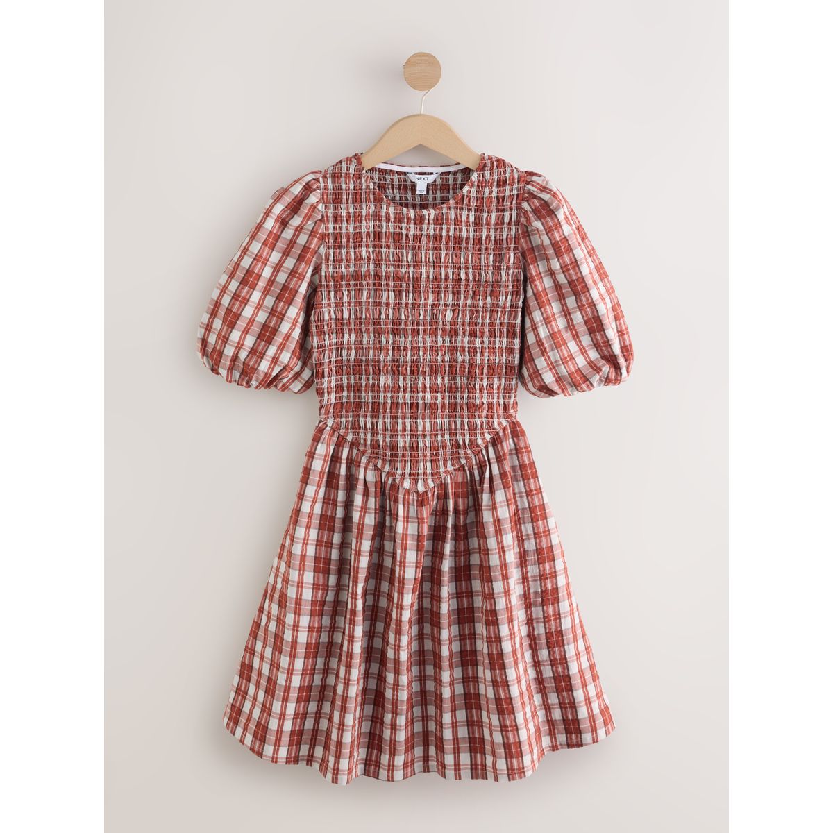 Robe courte froncée à manches bouffantes rouge à carreaux, NEXT
