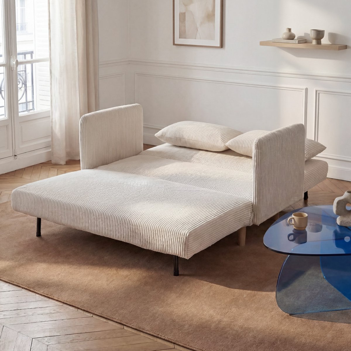 Canapé convertible 2 places en velours côtelé pieds bois clair- BELUSHI beige, DRAWER