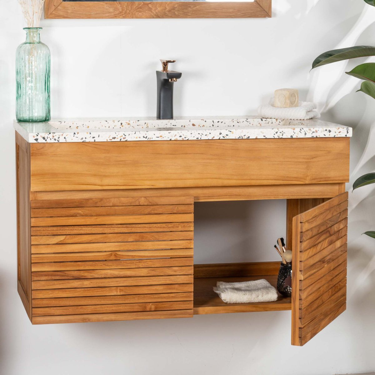 Meuble salle de bain en teck et terrazzo crème Aktual 90cm crème, WANDA COLLECTION