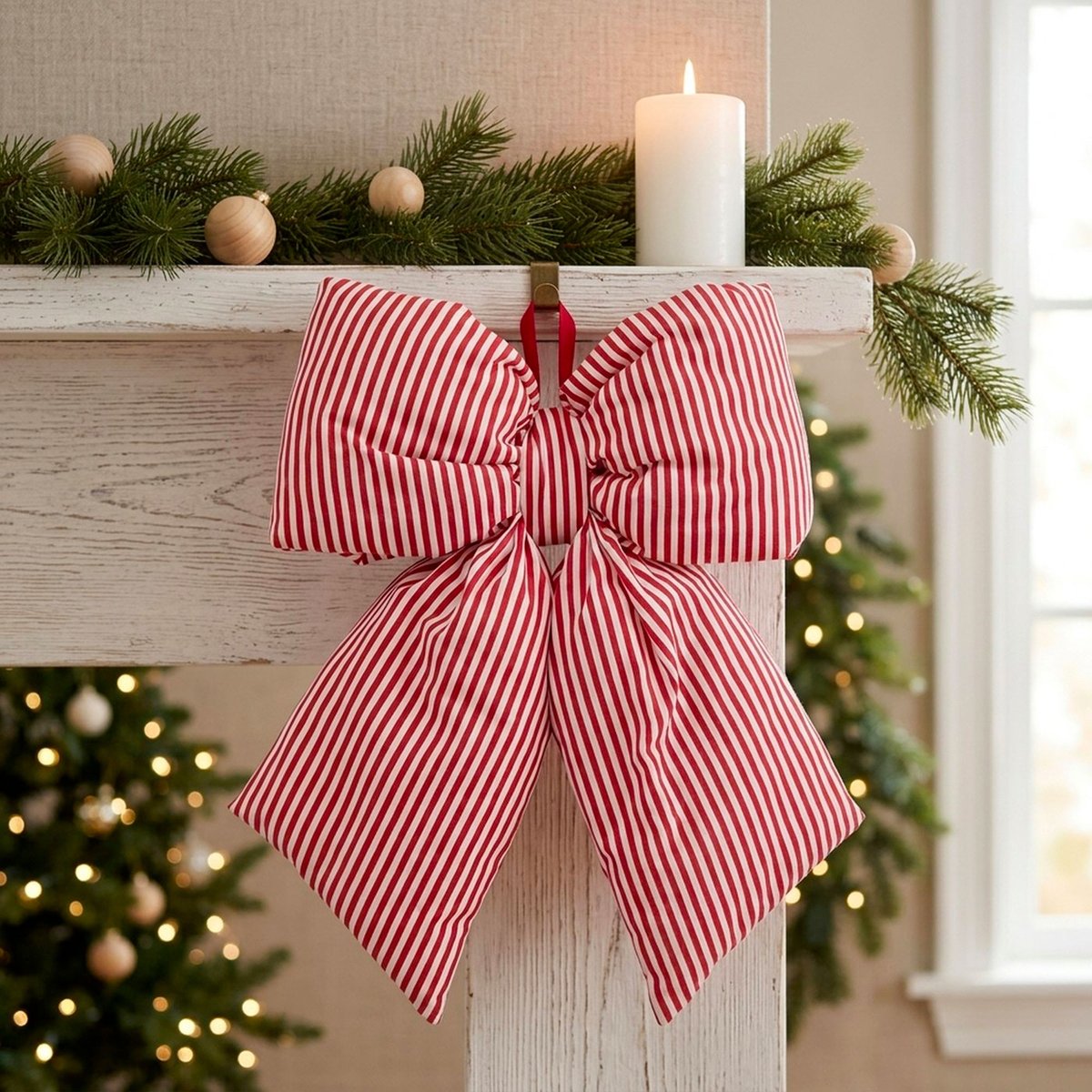Décoration de Noël grand noeud en tissu rayé rouge et blanc 59x11.5x53cm rouge, WADIGA