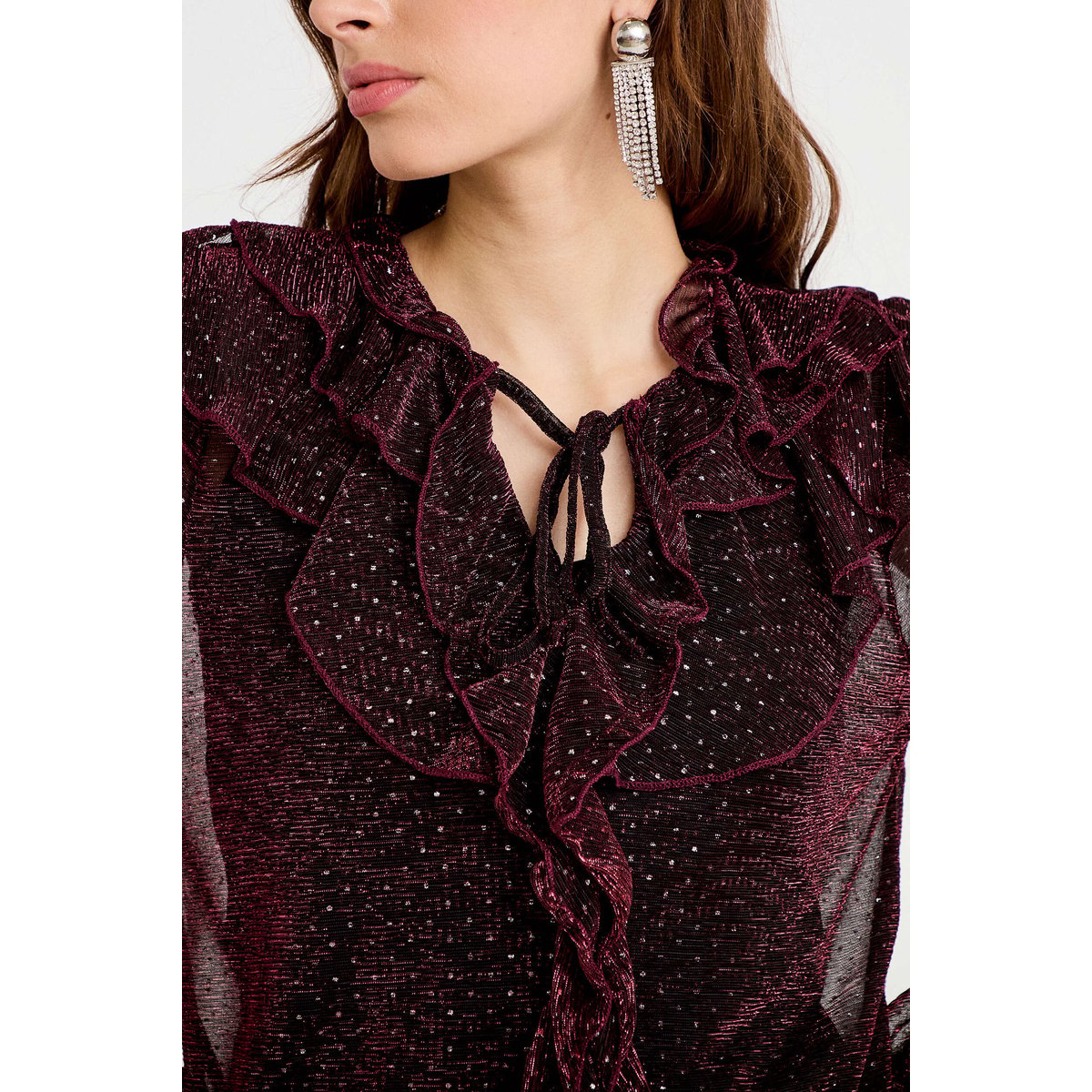 Blouse voile transparent pailleté violet foncé, CACHE CACHE