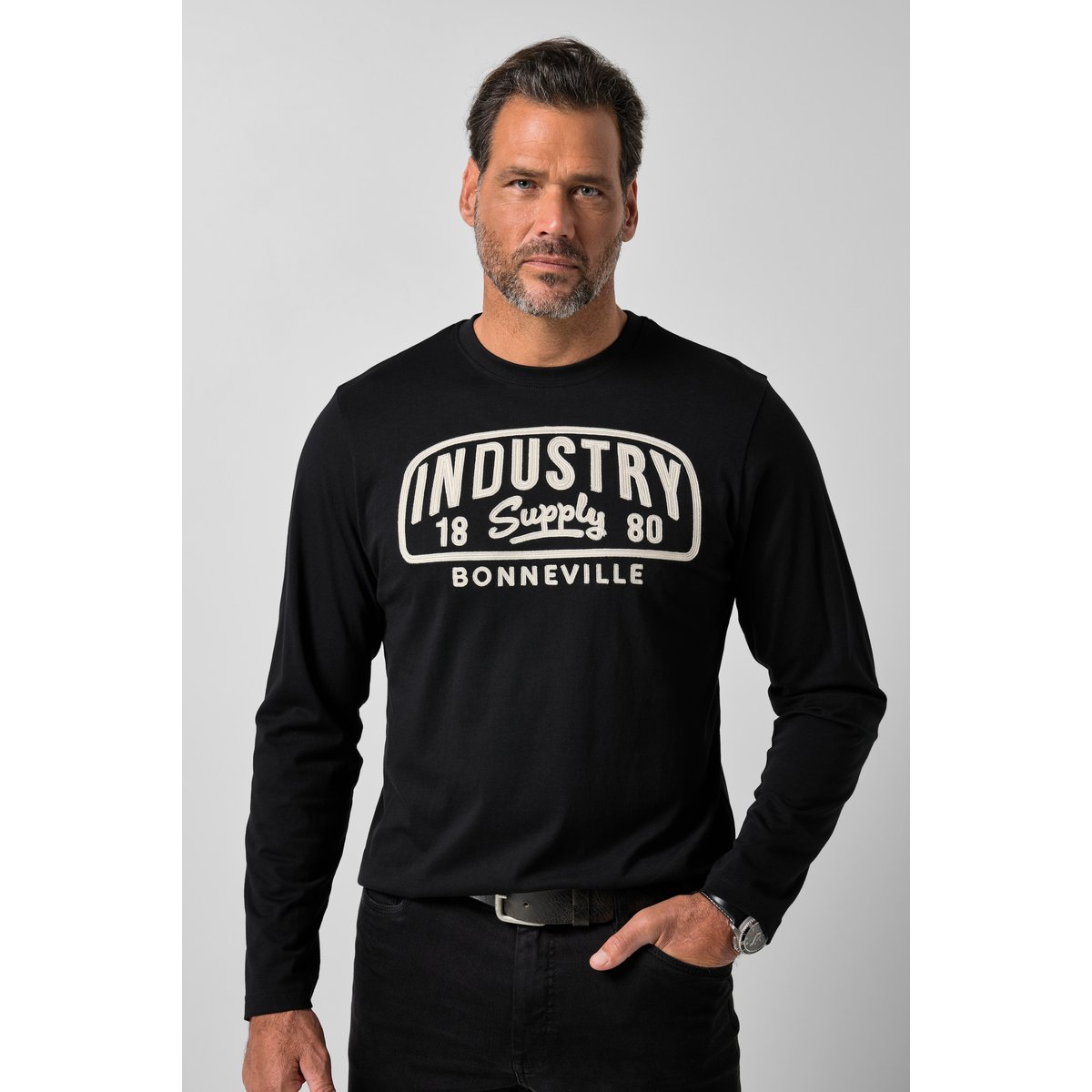 T-shirt à manches longues, col rond, brodé noir, JP1880