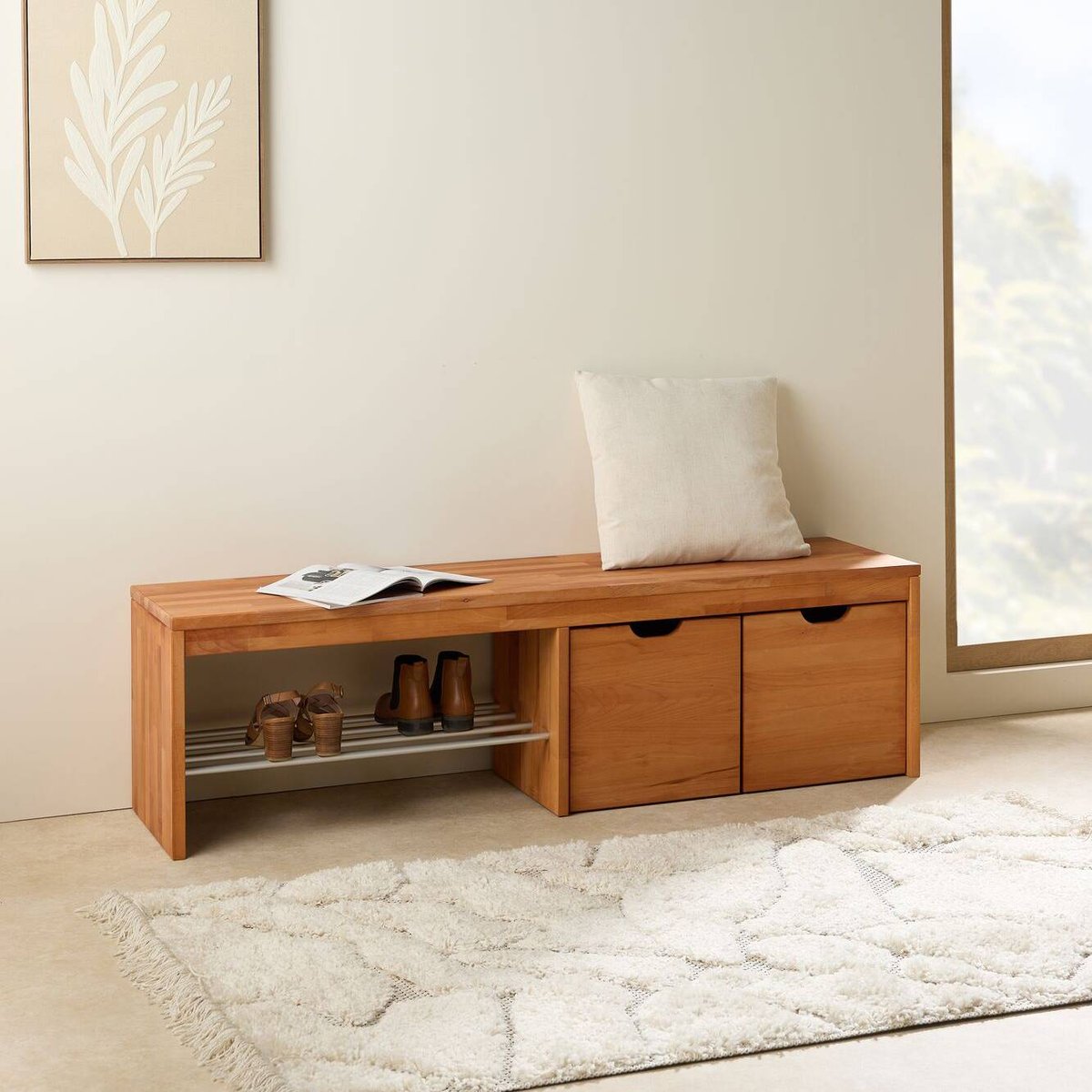 Banc à chaussures bois massif avec 2 cubes de rangement - CYRIEL hêtre massif, CAMIF