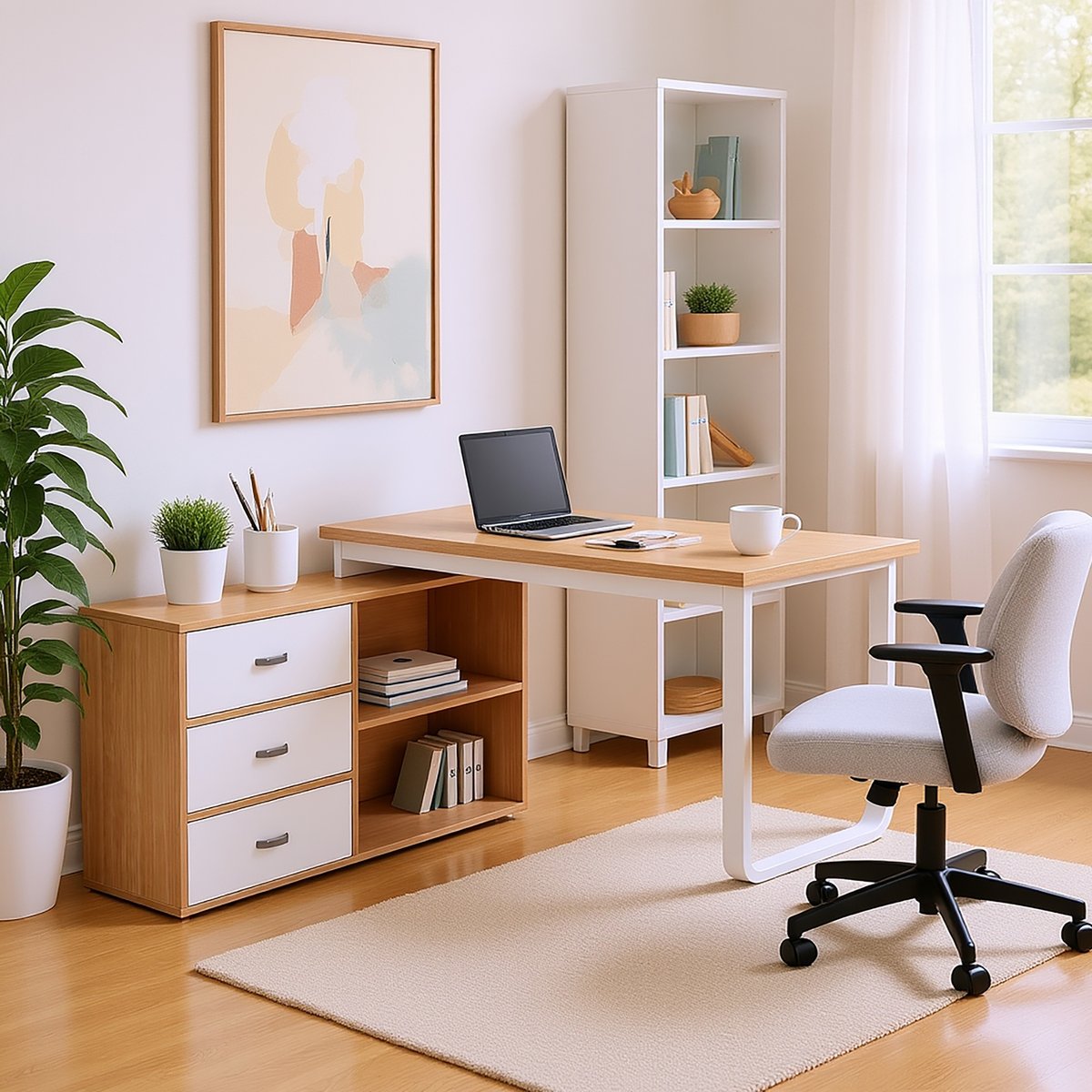 Bureau multifonction L-type avec 3 tiroirs et 2 niches style industriel, DOBBY hêtre, MEUBLES COSY
