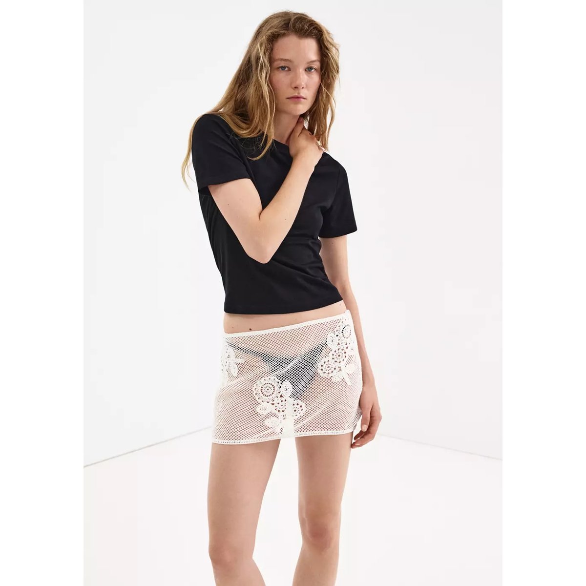 Jupe en crochet floral blanc, MANGO