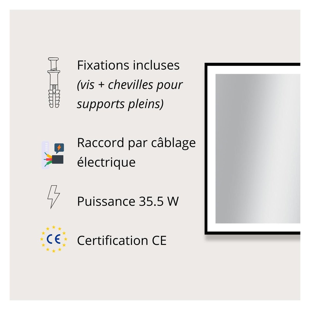 Miroir LED rectangulaire L60/80/120cm avec cadre alu noir VELUNA couleur unique, MOB IN