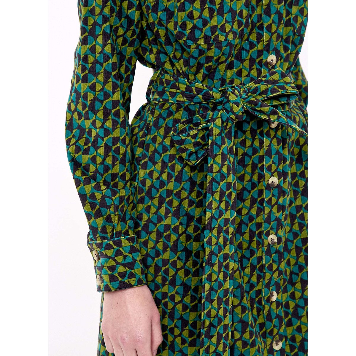 Robe midi chemisier velours côtelé LOUISON vert forêt, PRINCESSE NOMADE