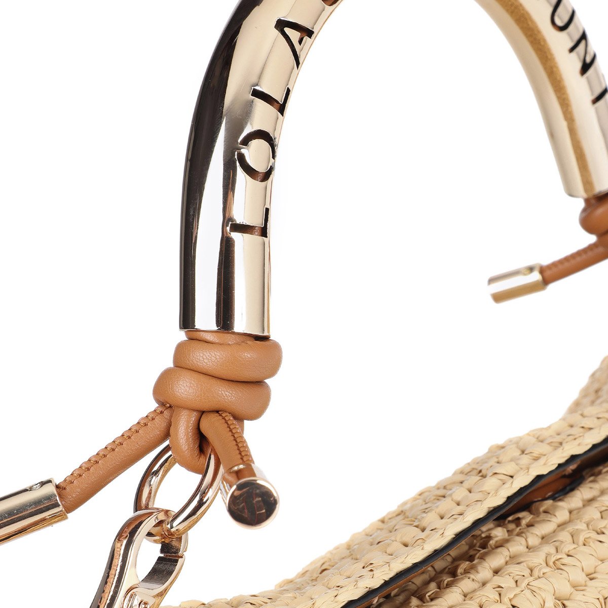 Sac à bandoulière combiné effet raphia avec poignée logo beige clair, LOLA CASADEMUNT