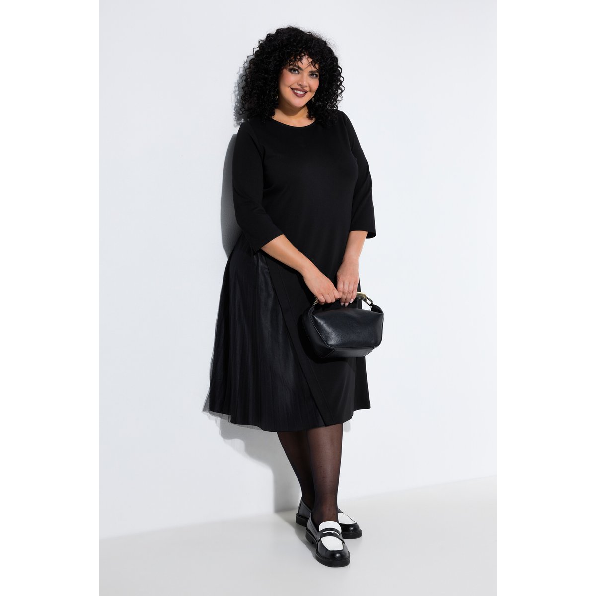 Robe midi en jersey, empiècement plissé noir, ULLA POPKEN