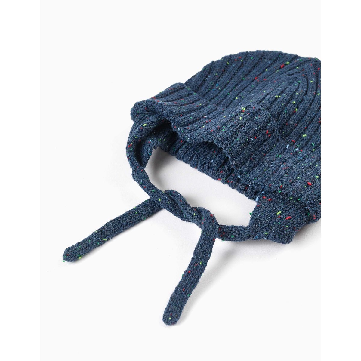 Bonnet en maille avec fils colorés et liens à nouer bleu foncé, ZIPPY
