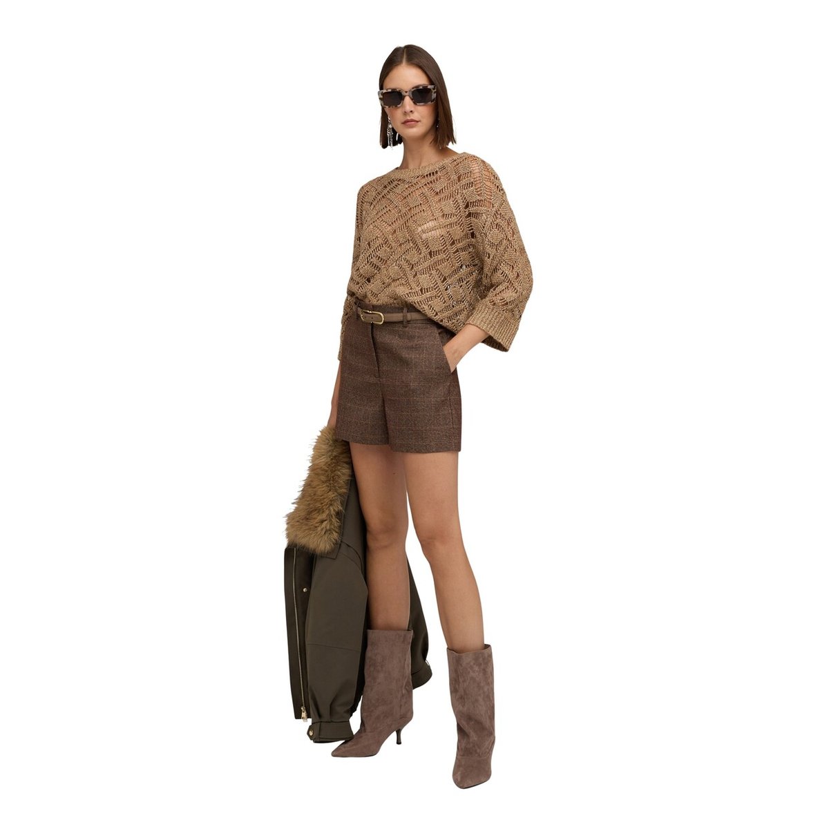 Short taille haute motif carreaux marron, MOTIVI