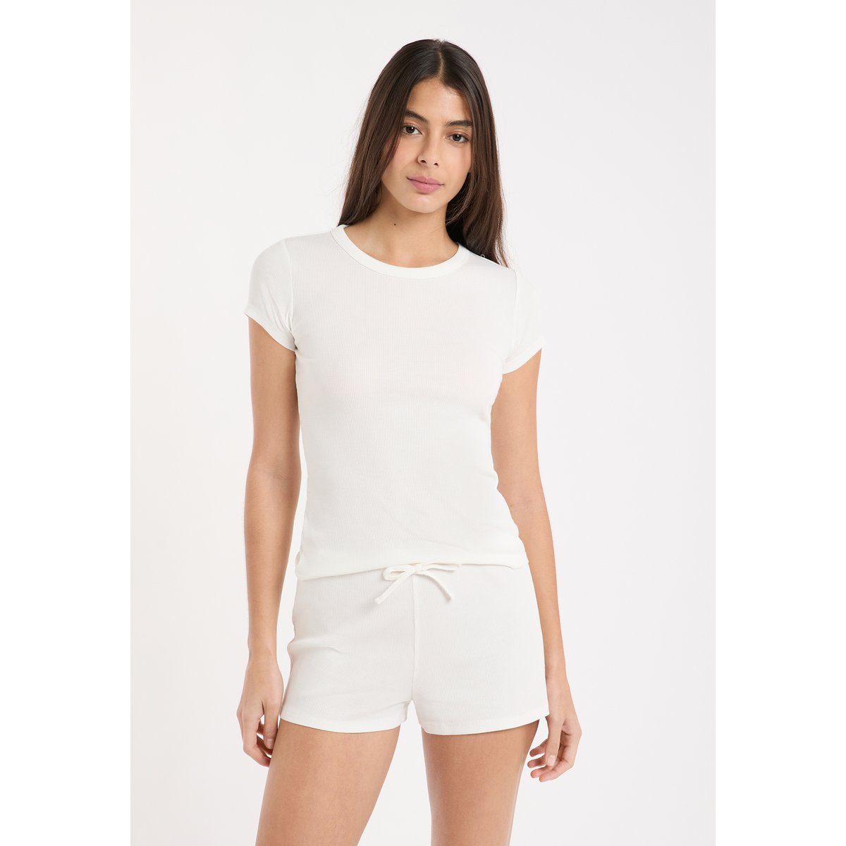T-shirt de pyjama col rond avec coton côtelé JOANI blanc, ETAM
